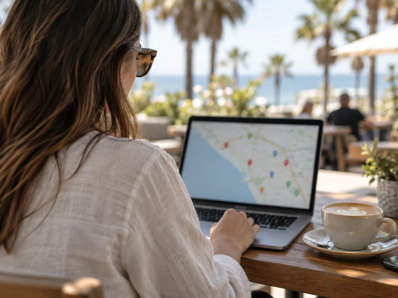 Over the shoulder of an owner at a seaside cafe, a laptop shows a map with several location pins beside a coffee.