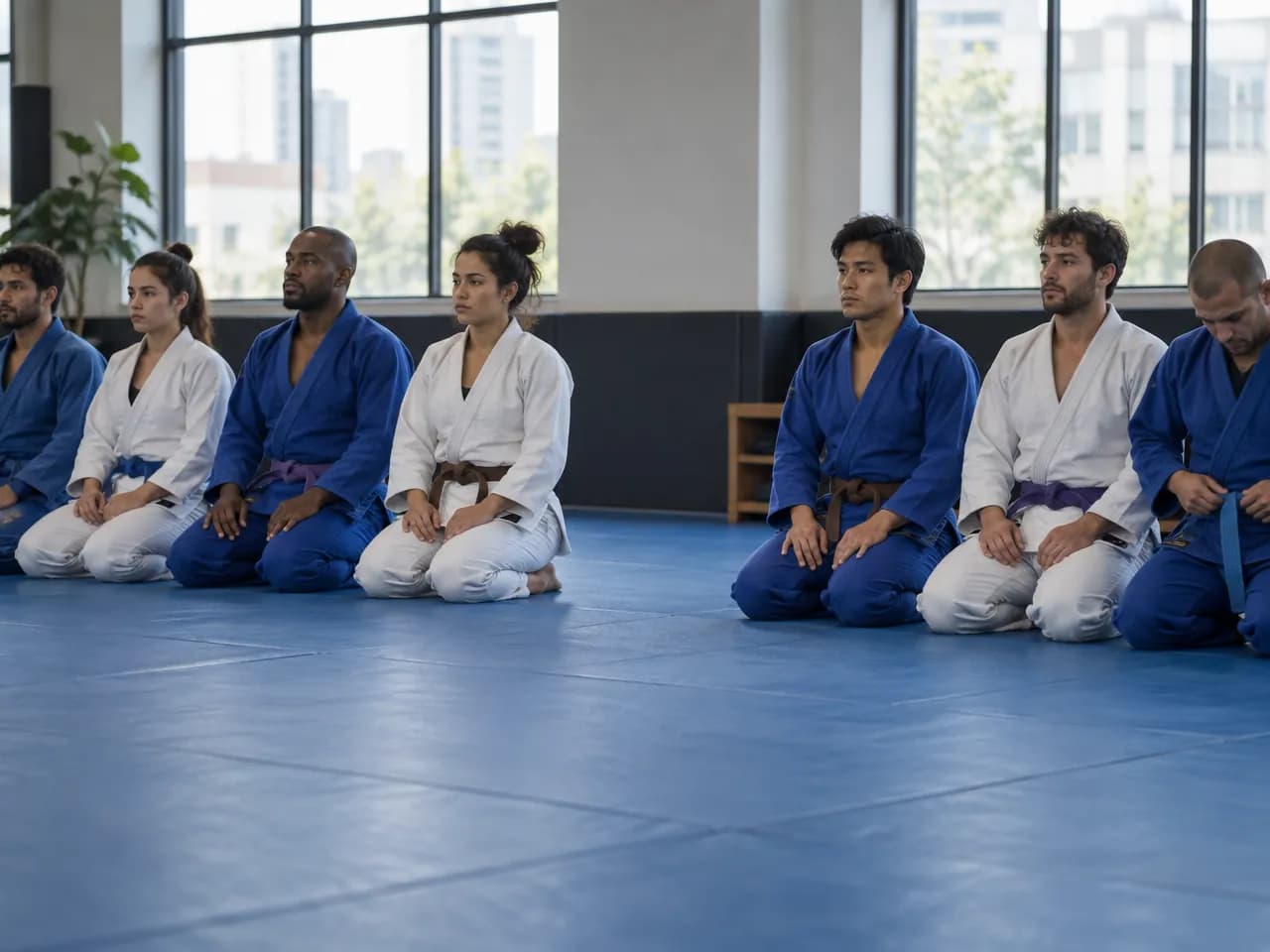 A jiu-jitsu class kneels in a line before class with one empty gap; a student at the end ties his belt.