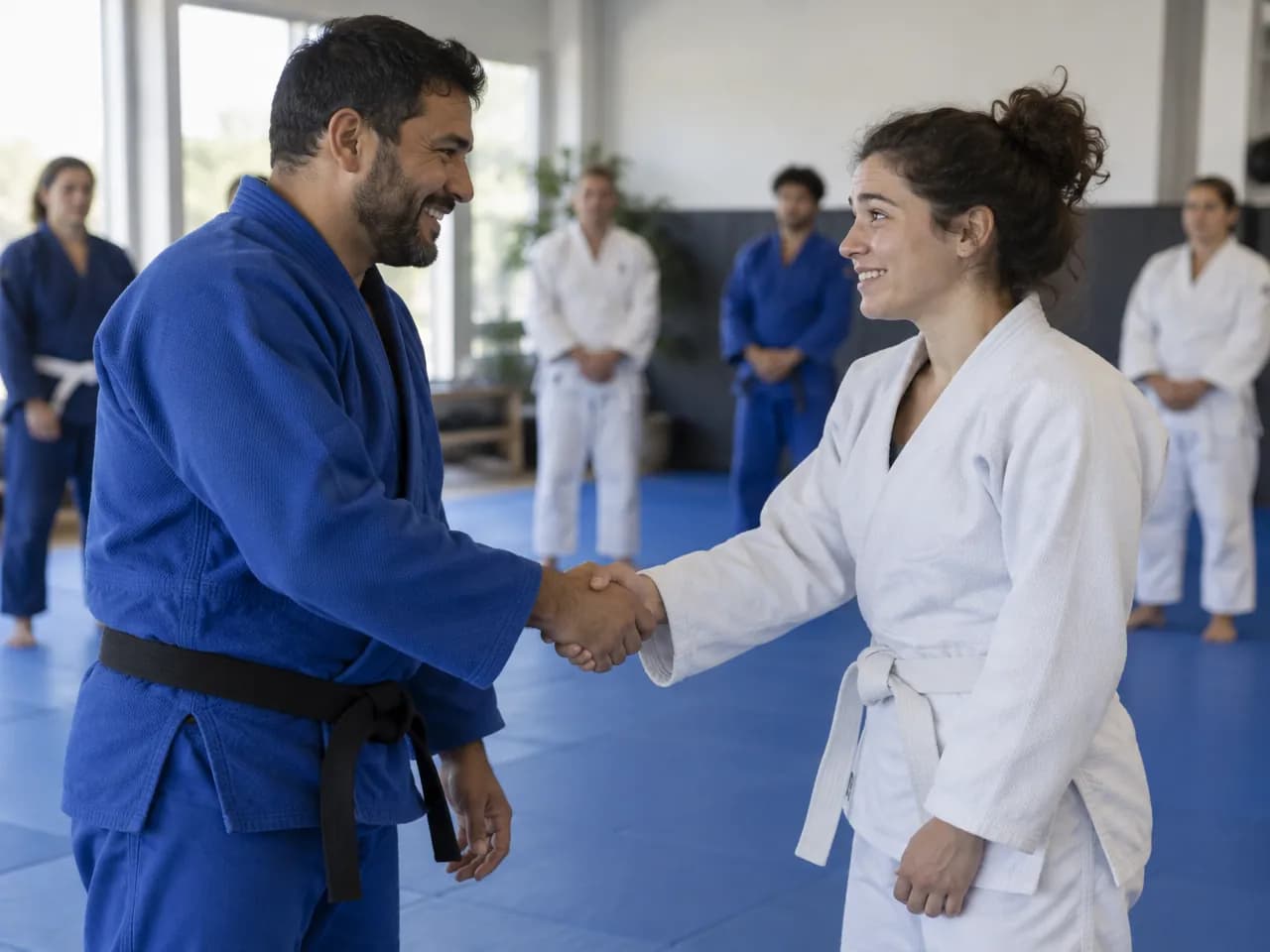 A coach in a blue gi shakes hands with a first-time student in a new white gi at the edge of the mats.