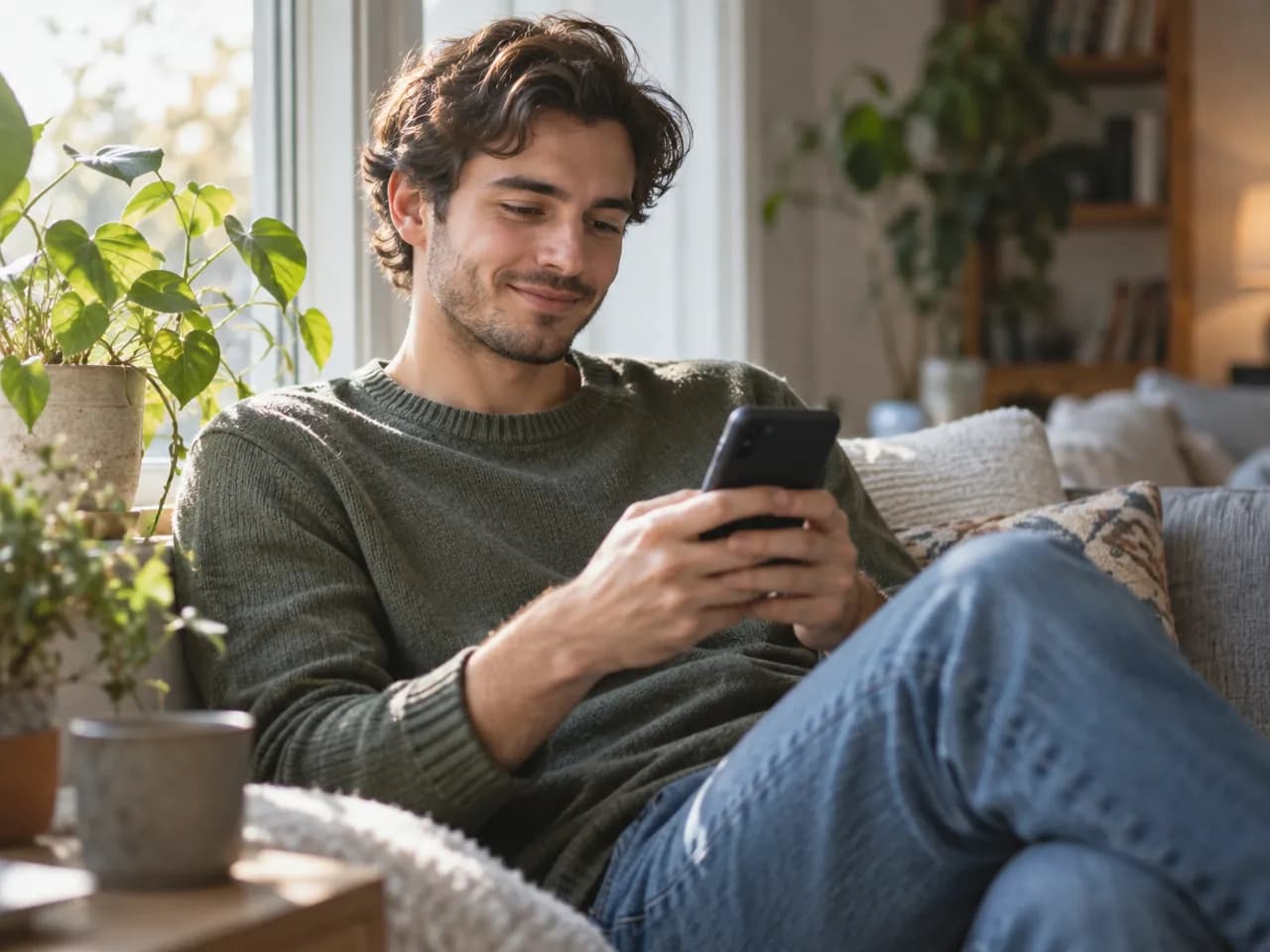 A young man on a sofa by a sunny window smiles as he texts on his phone.