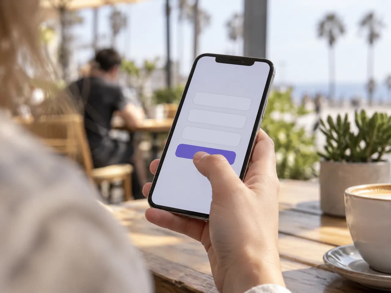 A hand holds a phone showing a short form with three fields and a violet button, a sunny cafe behind.