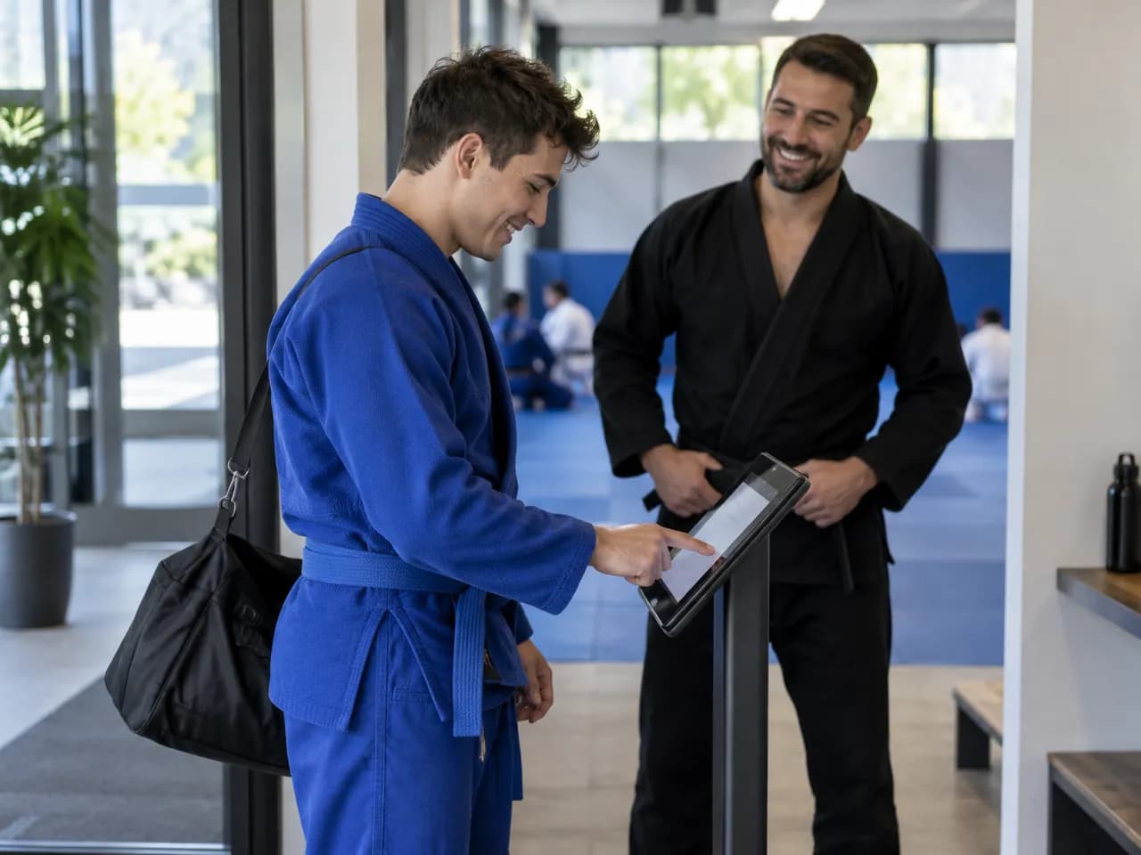 A student in a blue gi checks in at a tablet kiosk while a coach in a black gi smiles beside him.