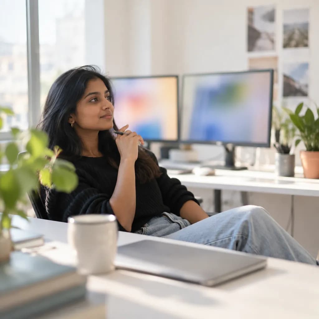 A marketer leans back thinking at a bright desk with two monitors behind her, out of focus.