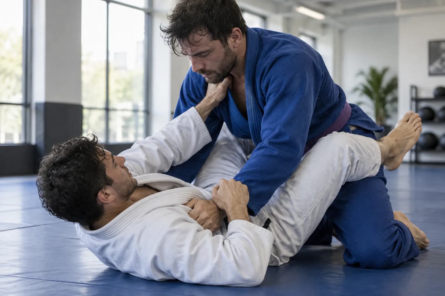Two adults train jiu-jitsu on blue mats, one in a white gi playing guard and one in a blue gi with a purple belt.