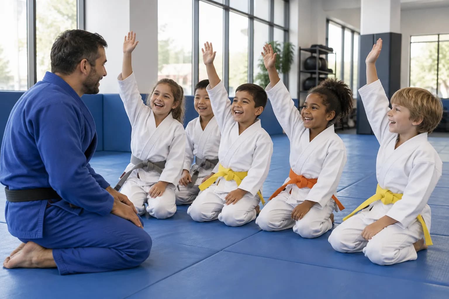 A coach in a blue gi kneels in front of a kids class; children in white gis with coloured belts raise their hands, laughing.