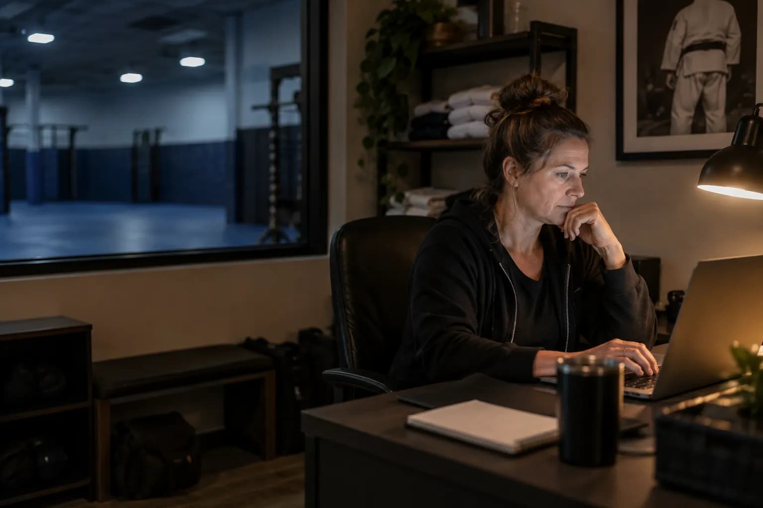 A gym owner reviews numbers on a laptop at night in a small office beside the empty mats.