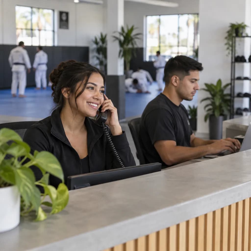 Two front-desk staff at a reception counter: one smiles on the phone, the other types on a laptop.
